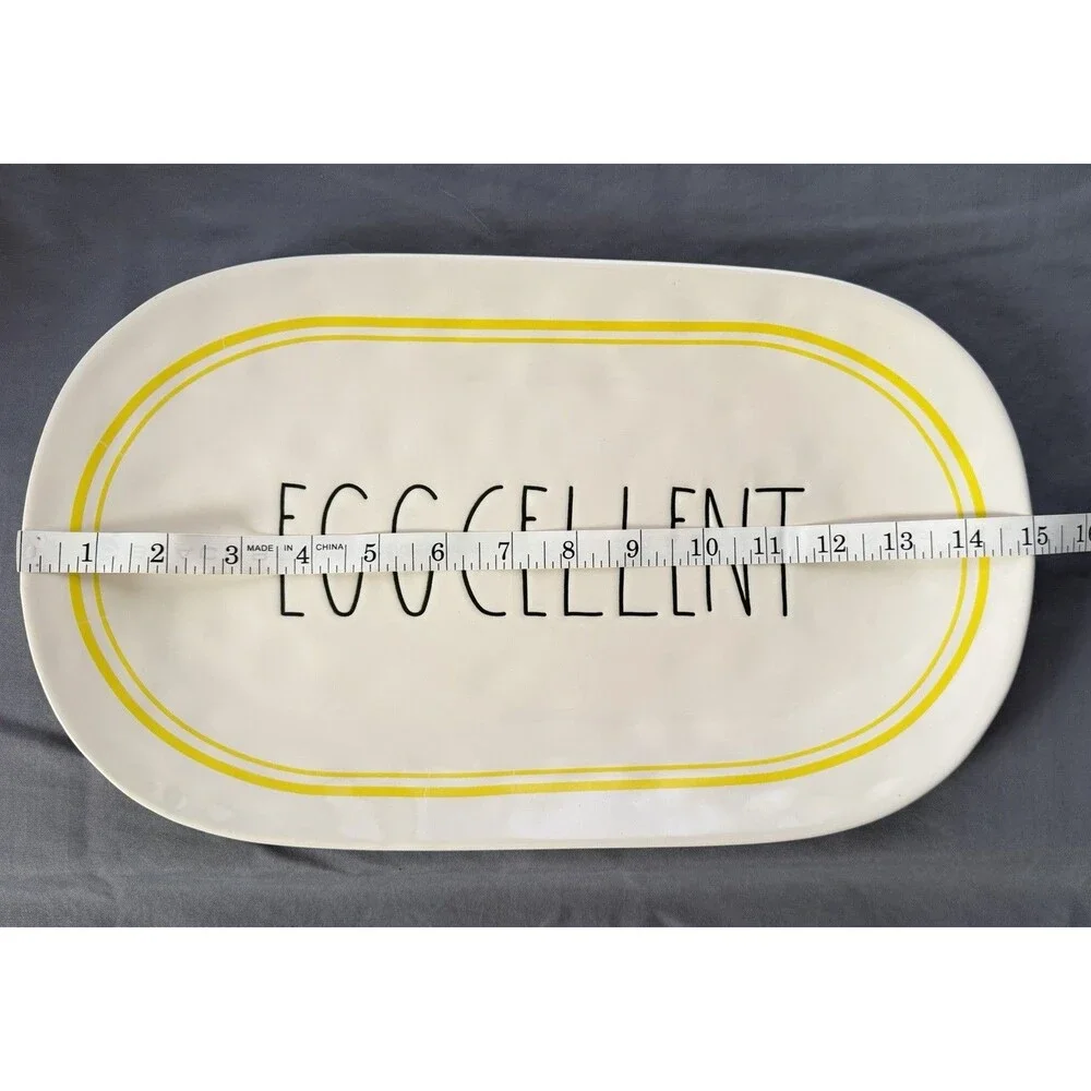 Rae Dunn Eggcellent Oval Platter Yellow Trim Ceramic Tray Large 15